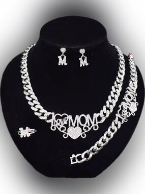 New! Unworn! High Quality Silver Cuban Link Mom Jewelry Set, Necklace, Bracelet,